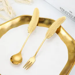 Stainless Steel Feather Handle Dessert Spoons Cake Salad Fruit Fork Stirring Spoon Mixing-spoon Coffee-spoon Tea-spoon Ice Cream Scoop Flatware ZL1291