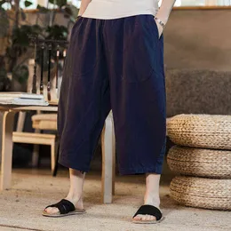 2022 MEN HARAJUKU HAREM PANTS MENS Summer Cotton Linen الركض الواسع الساق الساقين ذكر سروال عجل بطول العجل L220706