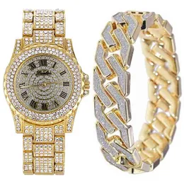 BT Geschenkauswahl Herren Mode Luxusarmband + Stahlband Quarz Kubaner Hip Hop Watch Set Boutique Verpackung