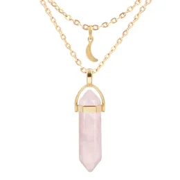 Natural Stone Chakra Halsband Reiki Healing Moon Charm Hexagonal Pendant Opal Amethysts Rose Quartz Crystal Pendulum Necklace