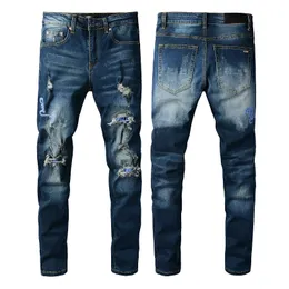 Jeans masculinos azul com letra calça de grife angustiada de letra para homem Slim Fit Reparado lin chino estriado fino tapanom abalado longos e retos orifícios de zíper regular