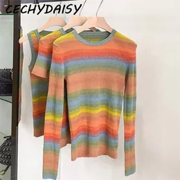 Tröja Pullovers Women Autumn Rainbow Striped Casual Embrodery Bee Jumpers Spring Autumn Cloths Tops Sueter Mujer Ropa LJ201113