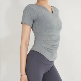 LU Kort ärm långa ärmar t -skjorta snabb torr sträcka andningsbar smal fit v hals damer topp yoga sport fies löpning
