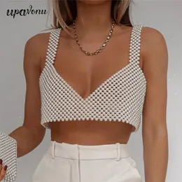 High Street Deep V Neck Pearl Vest Women Fashion Crop Top Ladies White Sleeveless Sexig Club Tank Top Bluas 220514