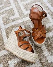 Brand name Lady wedges Tribute leather wedge espadrille sandals Women wedge sandal high heels shoes luxury design