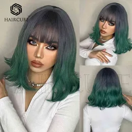 Seta ad alta temperatura Wig Wig Purple Gradient Blue Qi Bangs Short Curly Hair Lunghezza Bob Head 220527