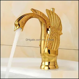 Elegante Form Messing Gold Finish Badezimmer Mischbatterien Deckmontage Waschbecken Gefäß Wasserhahn Drop Lieferung 2021 Waschbecken Wasserhähne Wasserhähne Duschen Accs H