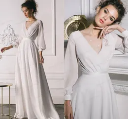 Простые длинные рукава шифон свадебное платье 2022 V-образным вырезом длиной до пола для невесты Robe de Marie Custom Made Feemia Vestidos de Noiva