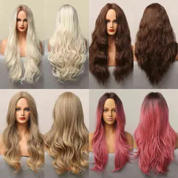 Hair Synthetic Wigs Cosplay Dark Black Natural Long Wave Synthetic Hair Wigs Middle Part Heat Resistant for Afro American Women Daily Cosplay Party Use 220225