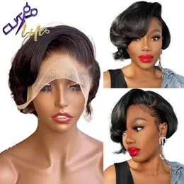 Curto Pixie Cut Lace Wig Bob Ondulado Perucas de Cabelo Humano Para Mulheres Remy Pré Arrancado Cabelo Natural Sem Glueline Hairline