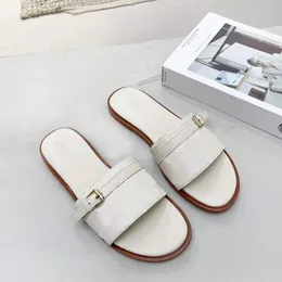 Luxury Lock It Flat Bules Women Womener Slides Flip Flops Real Leather Suede Summer Ladies Sandals Slippers Outdoor Beach With Box Top Quality No372
