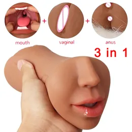 Male Penis Masturbator Real Vagina Anal Mouth 3 Channels Deep Throat With Tongue Pussy Pocket Machine Oral Sucking sexy Toys Men