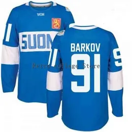 CEUF 91 Aleksander Barkov Blue Branco Finlândia Equipe Mundial de Hóquei Bordado Bordado Costumado Personalize qualquer Número e Nome As camisas