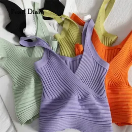 Pearl Diary Women Rib Tank Tops Summer Wrap Front Sexy V Neck Knitting Sleeveless Tops Solid Color Beach Retro Skinny Chic Tops 220607