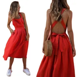 Vestidos casuais z-zoux feminino vestido moda bohemia backless renda up praia sexy solto plus size verão vermelho 2022