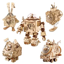 Robotime ROKR Robot Steampunk Music Box 3D Wooden Puzzle Assembled Model Building Kit Toys For Children Birthday Gift 220715
