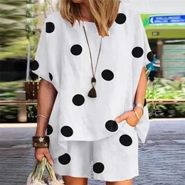 Summer Women Matching Sets ONeck Half Sleeve Polka Dots Printed Blouse Fashion Casual Holiday Elastic Pant Tracksuits 220527