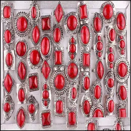 Band Rings Jewelry Retro Style Red Natural Stone Sier Plated Ring 30Pcs Wholesale Luxury Bohemian Adjustable For Dh9An