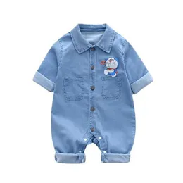 Baby-Cowboy-Strampler, Frühling, Herren- und Damen-Baby-Ausflugskleidung, Cartoon-elastischer Denim-Overall, Revers, einreihig, langärmelig, einteilige Kleidung für Kinder