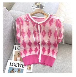 Neues Design für Damen, kurzärmelig, O-Ausschnitt, geometrischer Druck, rosafarbene Perlenstrick-T-Shirts in Übergröße SMLXL