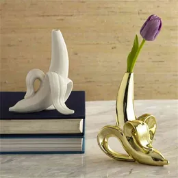 Desktop Vase Decoration Ceramic Matte White Gold Banana Vase Nordic Decoration Home Flower Vases For Weddings 210409