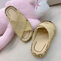 Straw Sandals Casuals Raffia slider Top designer slippers Graphy pink black leather sandals wide cross gold metal lettering flats cool slipper black white