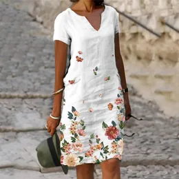 Casual Kleider Frauen Elegantes Kleid Sommer Mode Lose V-ausschnitt Kurzarm A-linie Sommerkleid Weibliche Vintage Print Midi VestidosCasual