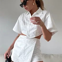 Summer French Fashion Stitching Leisure Suit White Skirt Shirt 2 Piece Shorts Suit Womens Dress Casual Sets Outfit 220527