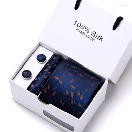 BOW TIES 100% SILK MÅNGA FÄRG TIE HANKY CUFFLINK SET NECKTIE BOX HOMBRE BLÅ Formell kläder Tryckt Fit Holiday Gift Business SaleBow Emel2