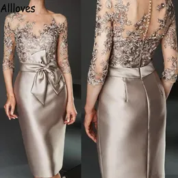 Champagne Elegant Satin Mother Of The Bride Dresses With Bowknot Belt 3/4 Long Sleeves Glamorous Lace Appliqued See Through Knee Length Short Prom Party Gowns CL0846