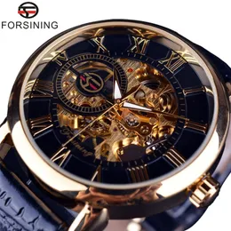 Forsining 3d Design Hollow Engraving Black Gold Case Leather Skeleton Mechanical Watches Men Luxury Brand Heren Horloge 220608