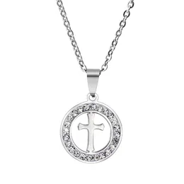 Pendant Necklaces Wholesale Trendy Stainless Steel Cross Necklace For Women Geometric Crystal Round Custom Jewelery GiftPendant