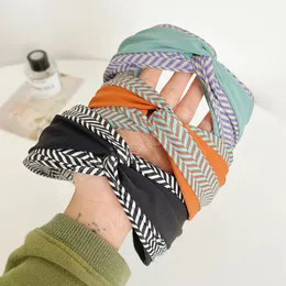 Mode Kvinnor Headband Patchwork Striped Hairband Wide Side Cross Knot Headbands Turban Vuxen Hårtillbehör