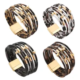 Bangle wgoud mode leopard läder manschett armband armband djur tryck flerskikt brett wrap magnetiska armband för kvinnor flickorbangle