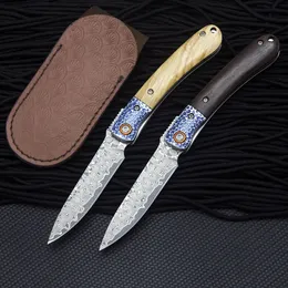 R7802 Damascus Pocket Polder Newer Vg10 Damascuss Steel Blade Livewood / Ebony со стали с головкой ручкой EDC складные ножи с кожаной оболочкой