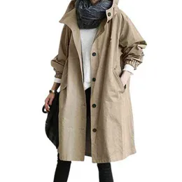 معاطف الخندق النسائية 2021 معطف النساء الربيع الخريف الصلبة جيب الجيب المغطى بالرياح المقنع بالإضافة إلى الحجم