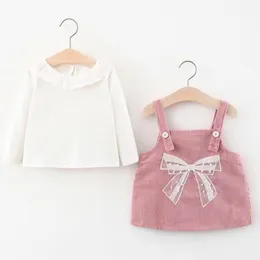 Kız Elbiseleri Bebek Kız Elbise Beyaz Uzun Kollu Tshirt Bluz Üstler Askı Doğdu 2 Parça Takım Toddler Kız Kıyafetleri Bahar Fallgirl's