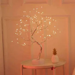 Fairy Tree Table Lamp Battery/USB Cobre LED Fire Mini Descripción decorativa Noche Ligero de la casa Regalos de Navidad Decoración de Navidad H220423