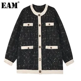 EAM LOOST FIT Black Tweed Split Big Size Jacket Rund hals Långärmad kvinnor Coat Fashion Spring Autumn 1Z557 201029