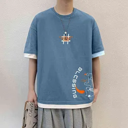 Camiseta roupas 2022 nova manga curta camiseta masculina juventude marca de moda solta usar fora do ombro metade falso duas roupas de verão