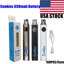 VS Stock Cookies Batterij 650 mAh VAPE PEN Verstelbare variabele spanning 510 Draadbatterijen Verwarm de retailverpakking met USB -lader toe