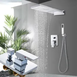 Shower Faucets Wall Mount 3 Function Chrome Bath Shower Faucet Set Waterfall Rainfall Shower Head Handshower Mixer Tap Bath