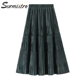 Surmiitro Super Quality Velvet Long Skirt女性秋冬韓国ブラックグリーンハイウエストプリーツミディスカート女性210306