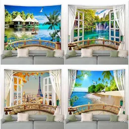 Tapisserie Blue Ocean Window Tapisserie Hippie Beach Coconut Palm Forest Wasserfall