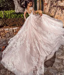 Lüks bir çizgi gelinlik 2022 v yaka dantel saten uzun kollu illüzyon arka gelinlikler bornoz mariage vestidos de noiva