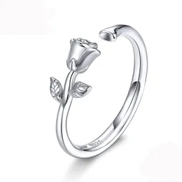 Thorns and Rose Open Adjustable Finger Rings for Women 3D Flower Ring Band 925 Sterling Silver Jewelry Korean