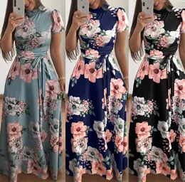 Abito lungo estivo da donna Abito lungo con stampa floreale Boho casual Fasciatura a collo alto Abiti da festa eleganti Vestidos