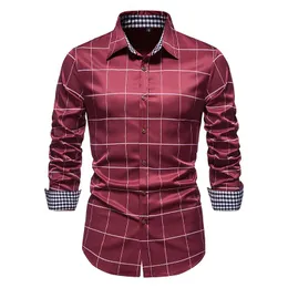 Męskie koszule 2022 Big Plaid Patchwork Red Shirt Mens Slim Long Rleeve Up Formal for Men Office Business Camisasmen's