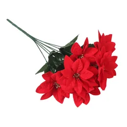One Silk Poinsettia Flower Bunch 7 Heads Red White Christmas Flower for Home Decorative Artificial Flowers