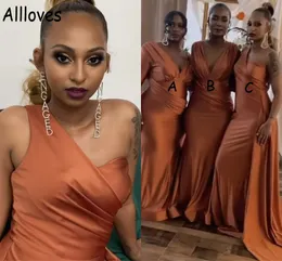 Orange African Mermaid Bridesmaid Dresses One Shoulder Elegant Satin Sweep Train Maid Of Honor Gowns Plus Size Peplum Wedding Guest Prom Party Dress CL0401